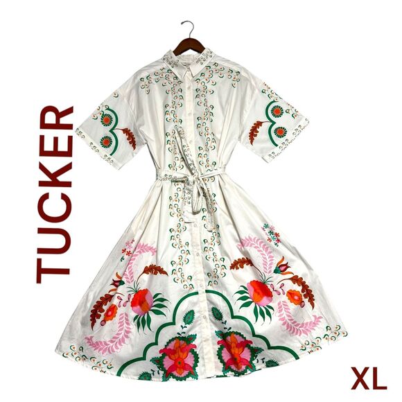 Tucker Dresses & Skirts - TUCKER WOMENS SHIRT DRESS XL WHITE BELTED FLORAL PRINT COQUETTE BOHO COLLARED